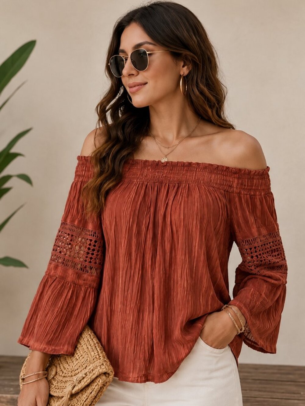Pinky Boho Off Shoulder Rust Textured Bell Sleeve Blouse L NWT